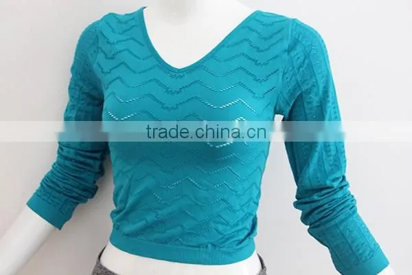 V-neck ladies seamless long sleeve shirt with hollow out wave style hole