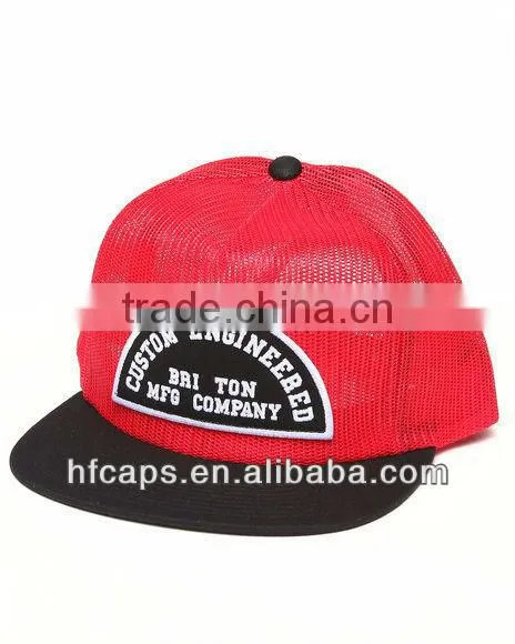 red custom design 6 panel flat bill full plain snapback mesh cap and hat