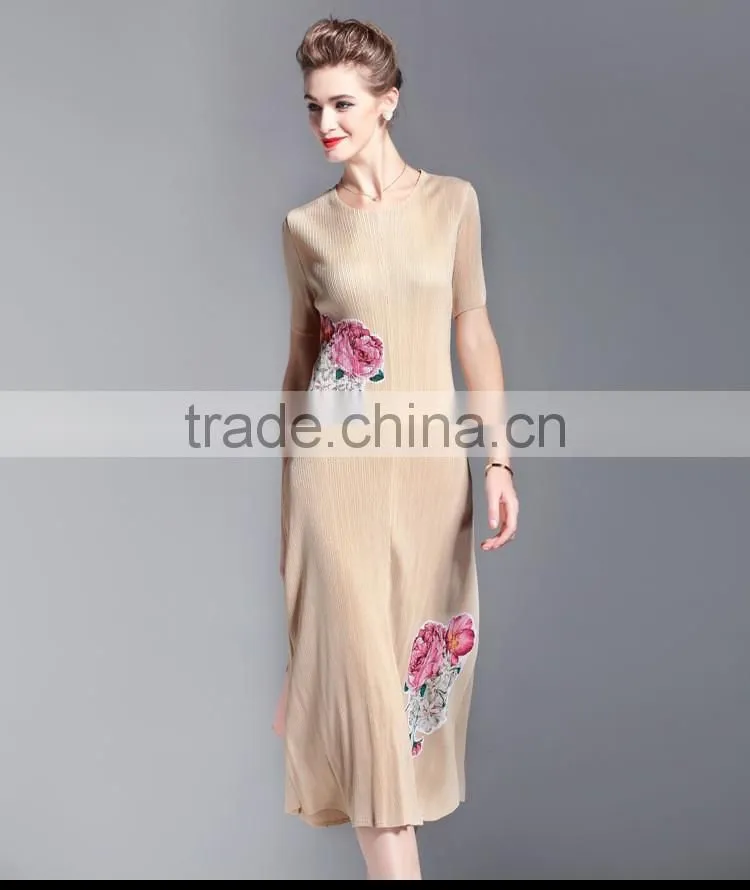 Bodice flower printing OL fashion draped women slim dresss