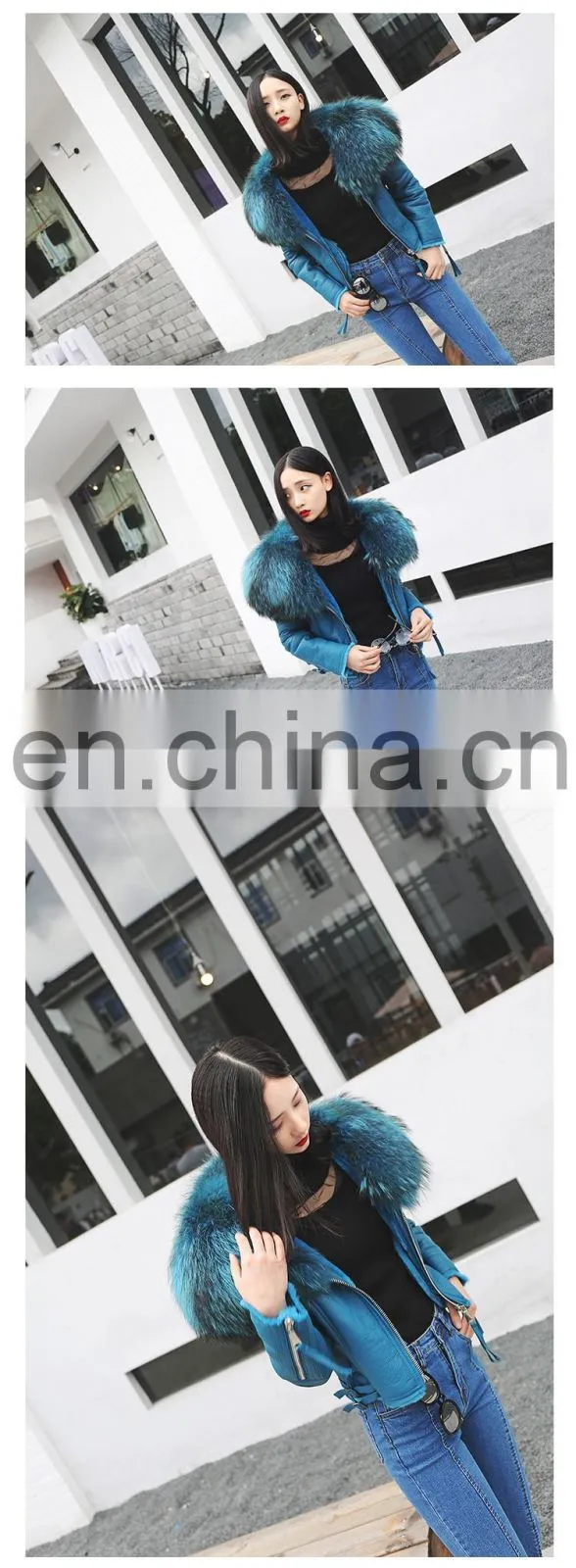 High Fashion Red Real Leather Jackets for Women / Raccoon Fur Collar Leather Jacket Made in China