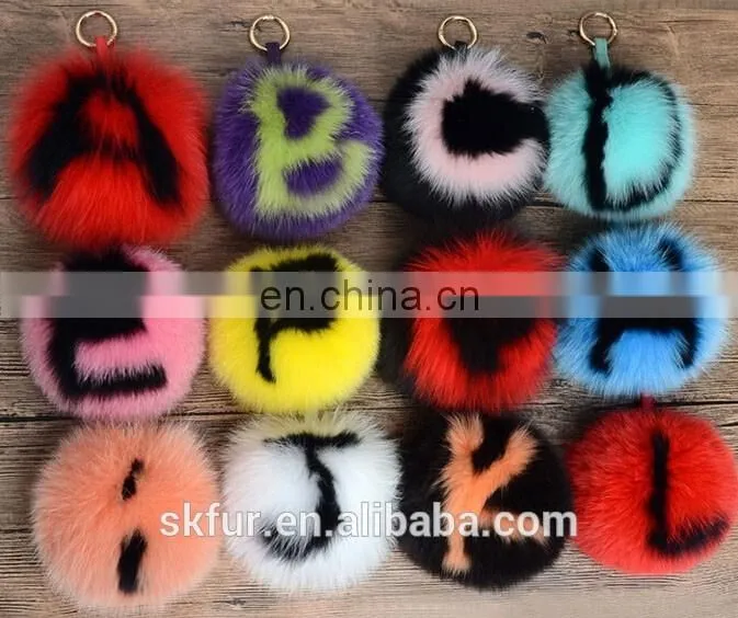 English letters design fox fur pom pom keychain