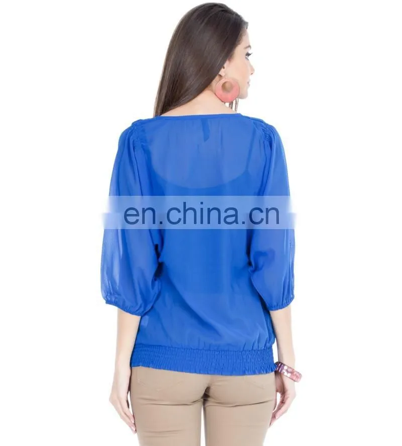 2015 Blue Top With Smocking And Tie-up women blue floral print tie-up top