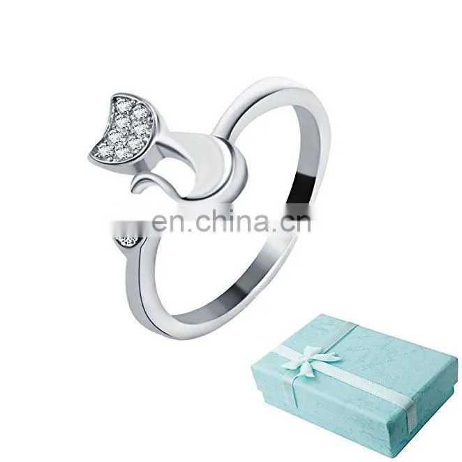High Quality Wholesale Silver Plating White Rhinestone Cat Ring For Gifts