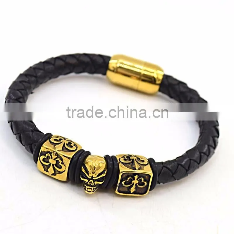 Gold skull clasps for leather bracelets real mens leather bracelet