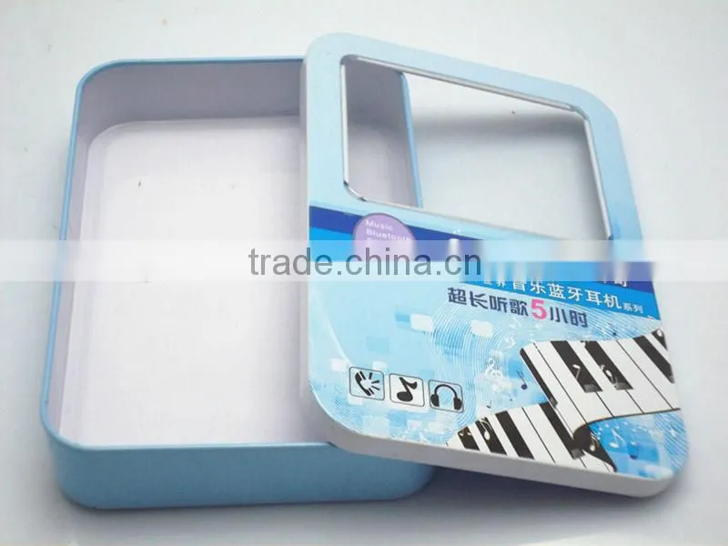 Top grade wholesale earphone tin boxes packaging with windowed lid