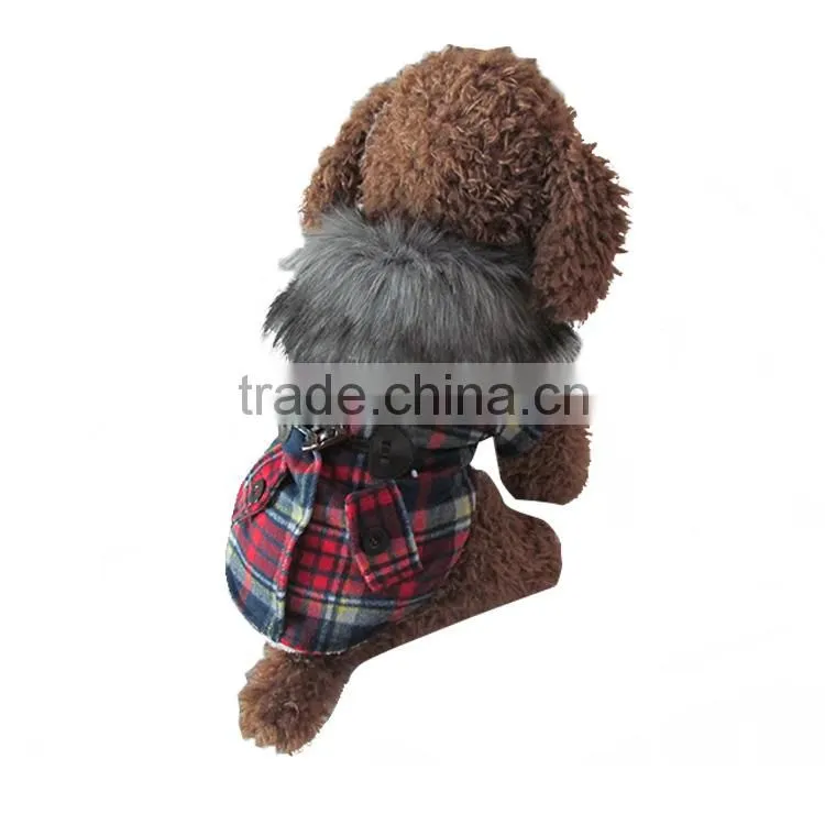 Luxury Fur Collar Horn Buttons Red and Blue Lattice Plaid Dog Coat with Extra Heavy Soft Wool Material fit for Autumn and Winter