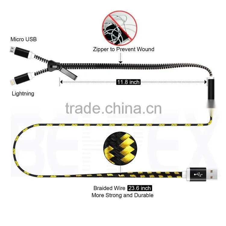 Colorful High Speed Flat Zipper 2 in 1 Data Micro USB Cable