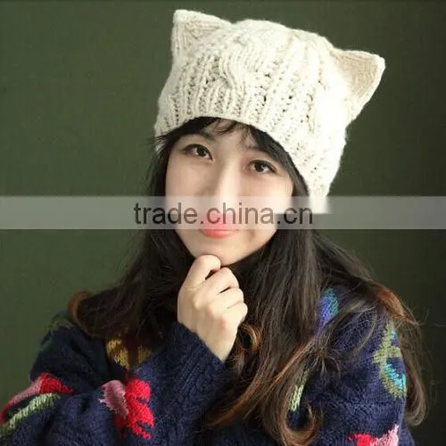 1x Braided Women Winter Warm Beanie Devil Horns Cat Ear Crochet Knit Ski Cap Hat
