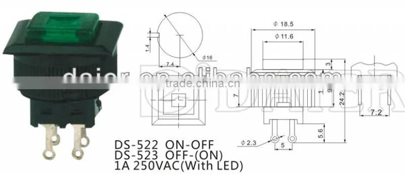 DS-522 ON-OFF 16mm latching square push button switch with LED