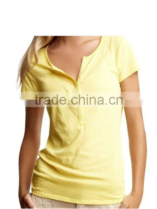 LADIES CREW NECK T SHIRT WITH BUTTON PLACKET