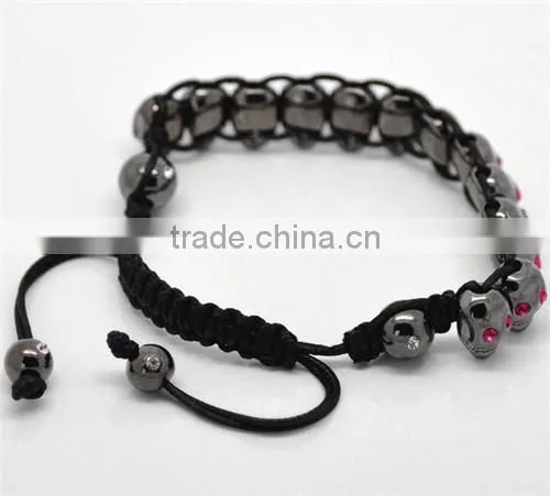 Fuchsia Rhinestone Halloween Skull Beads & Hematite Beads & Black Braiding Adjustable Bracelet 22cm-25cm