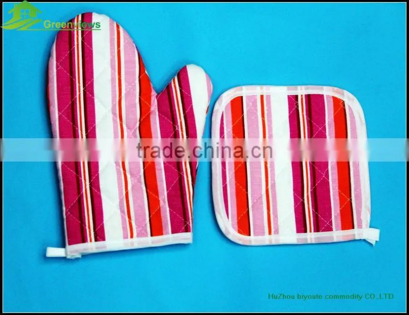 Cotton printed yellow stripe oven mitt & pot holder Factory Eco friendly pot holders and oven mitts 2 kitchen sets-oven