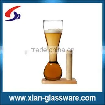 promotional wholesale hand blow beer yard glass with wooden stand