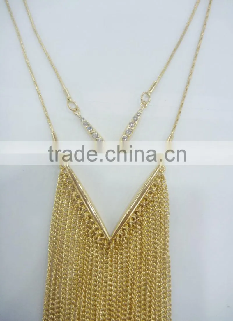 FASHION 2 LAYERED CHAIN TASSEL NECKLACE EARRING SET WITH CRYSTAL STONE