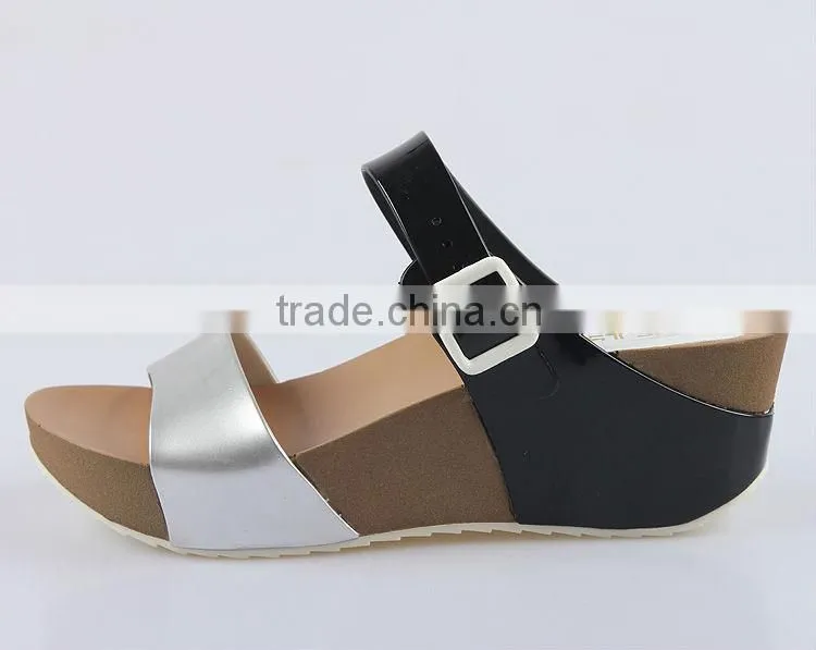 2015 Women Jelly PVC Slipper shoes Stitching Color PU Wedge Sandals PU Wedges Shoes