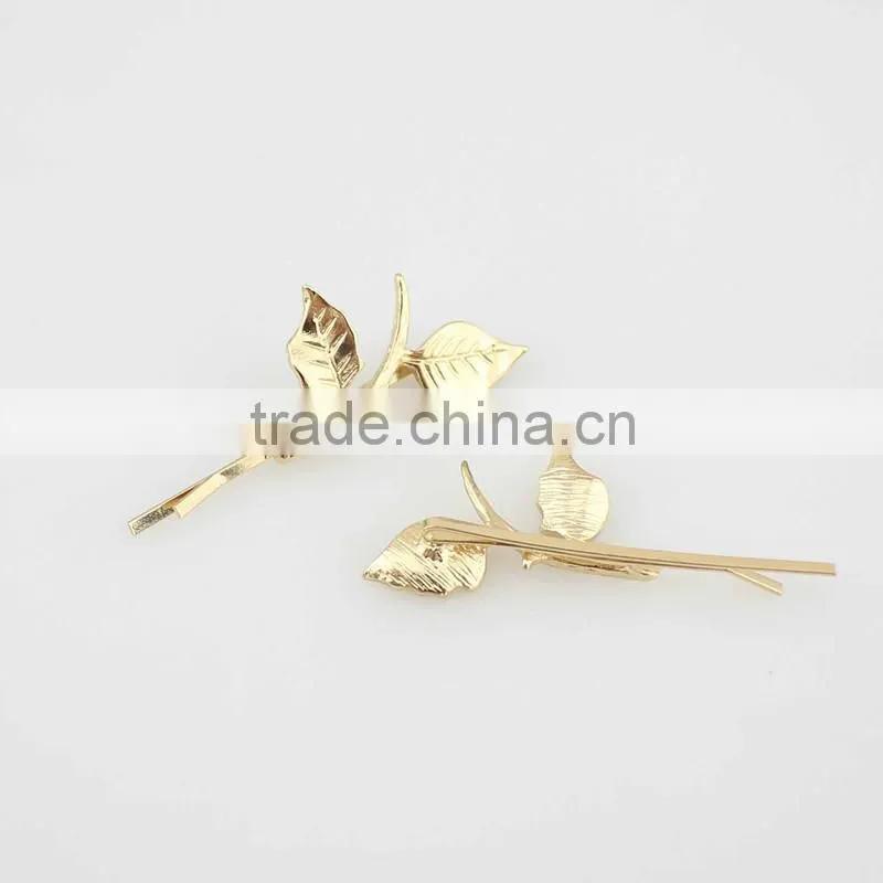 Yiwu factory gold leaf shape hair clip,fashion girls hair clip