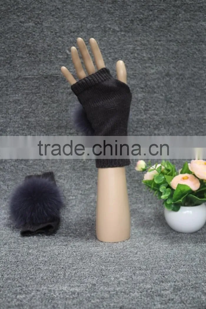 Factory price women's leather gloves with rex rabbit fur/black gloves