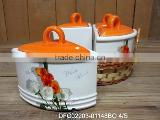 chinese ink ceramic 4 pcs condiment set in a round wood basket