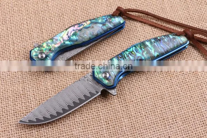 OEM Damascus pocket knife Application and Abalone Handle knife