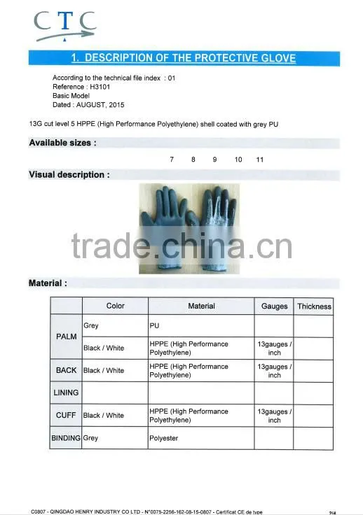 pu coated cut resistant hand glvoes