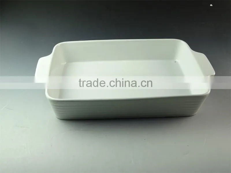 Stocklot 17inch rectangular shape yellow line glaze ceramic bakeware with handles