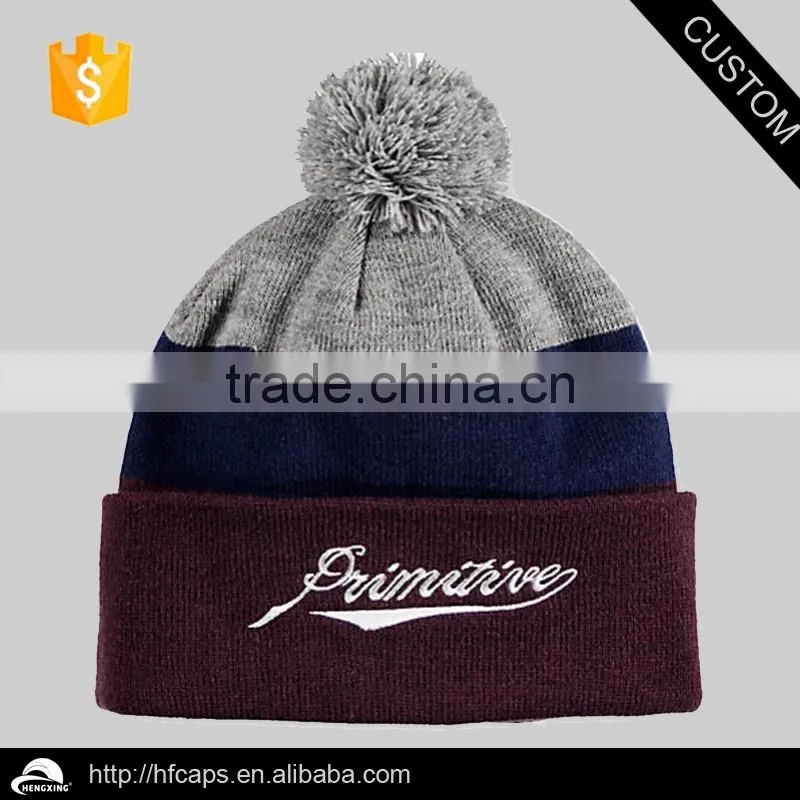 Cheap Fold Up Custom Pom Pom Winter Men's Beanie Hat / Beanie Hat With Embroidery And Jacquard Logo