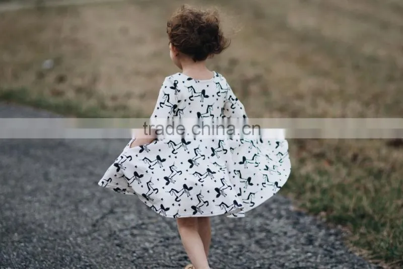 Little Girls Fall Clothing Kids Unicorn Twril Cotton Printed Long Sleeve Dress
