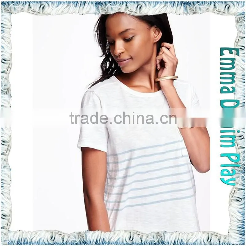Fashion Models Custom Ladies Stripe Design White Cotton Scoop Neck Tee Shirt