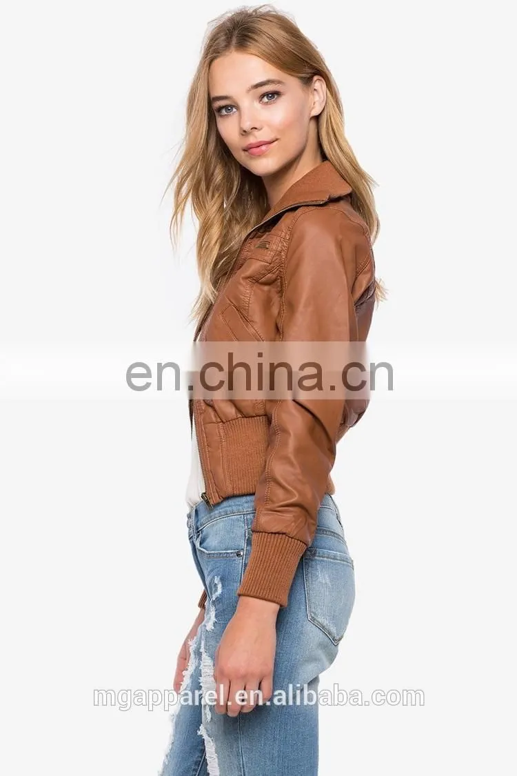 New fashion ribbed knit trim 100% PU leather bomber jacket for women