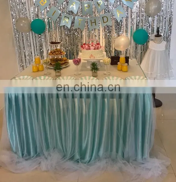 New Light Blue Square Different Designs of Table Skirting for Birthday