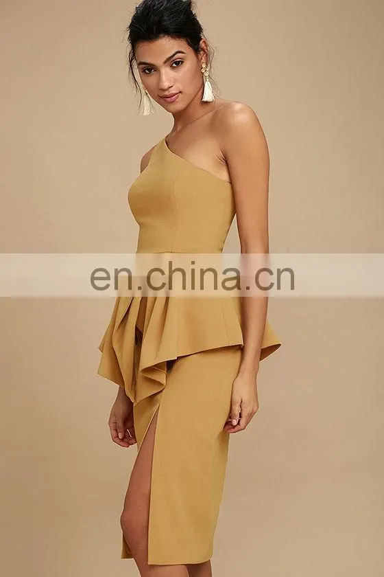 Fashion tan one shoulder layered ruffled midi dress elegant woman dress