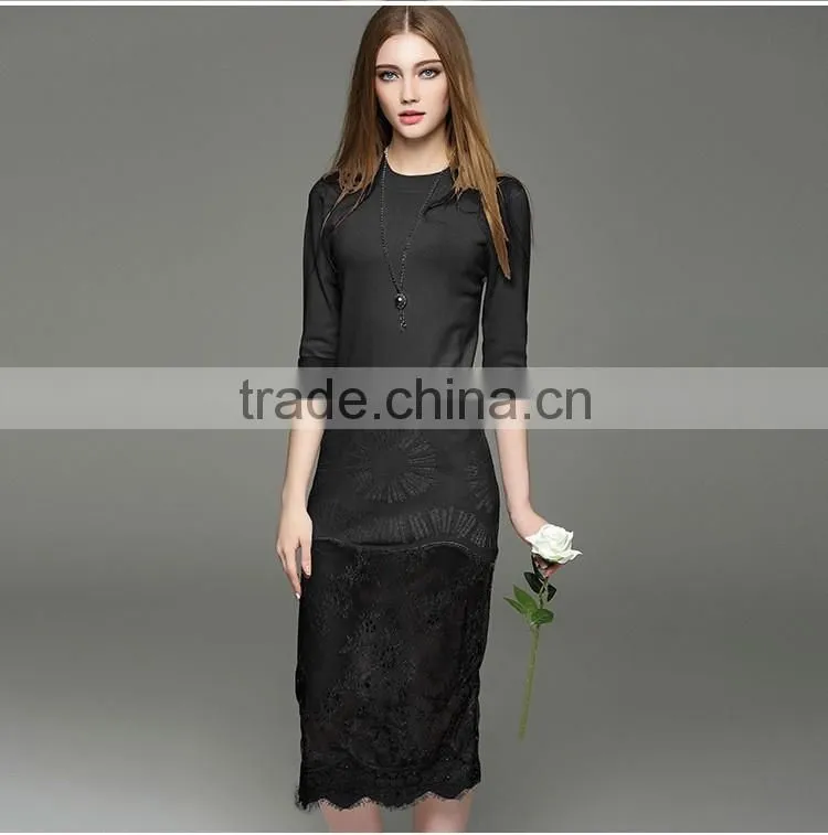 2017 hot new lady hollow knit dress half sleeve slim hip long lace dress with lace hem