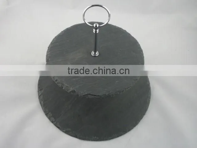 2-tier slate cake stand with metal hander