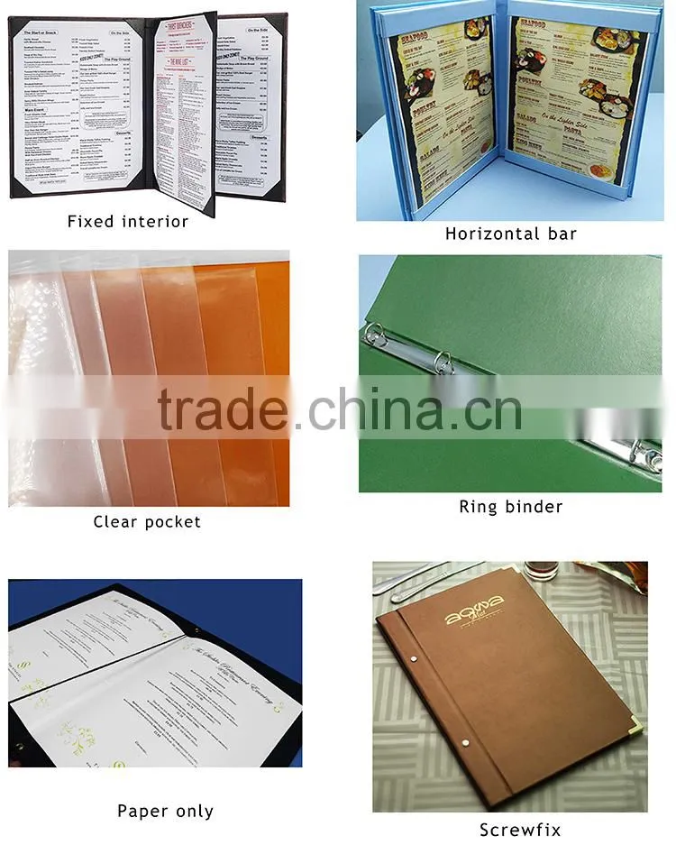 Custom Design Restaurant Menu Holder, PU Leather Cover Drink Menu Book/leather file folder