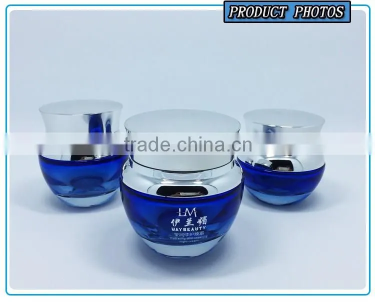 Cosmetics packaging bule colored glass pump bottle and glass cosmetic jar