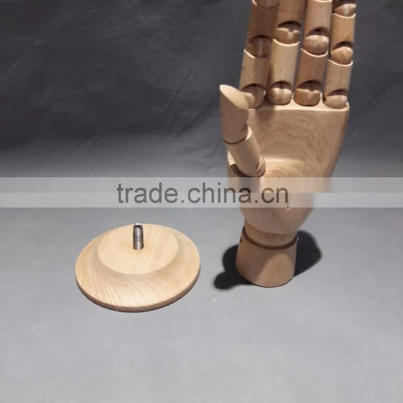 25cm height female right wooden hand beech wood with round wooden base