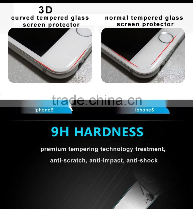 3D curved full screen cover tempered glass screen protector for iPhone 6s, curved edge glass for s6 edge and edge plus