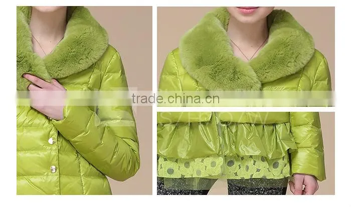 2014 New Design women jacket with lace bottom Big Fur Collar grass green Down Jacket/Women Jacket/Duck Down Jacket