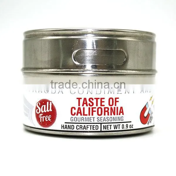 Taste of california-gourmet spice blends in megnetic stainless steel can with 2 puring options for shaking and pouring