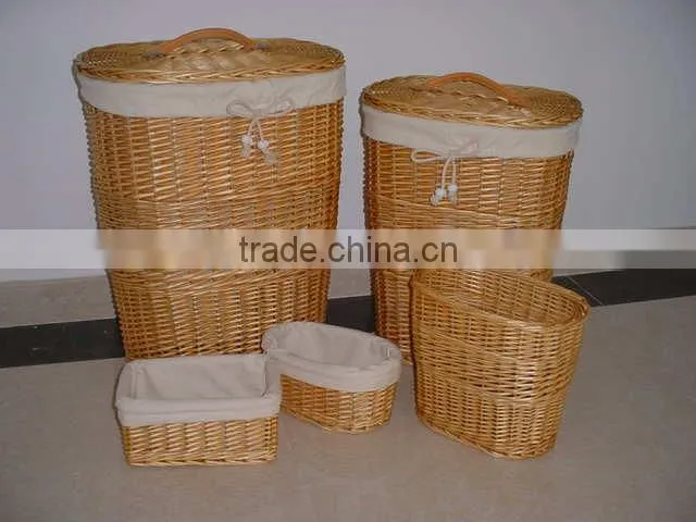 Linyi new durable handicraft wicker trash can hamper with fabric