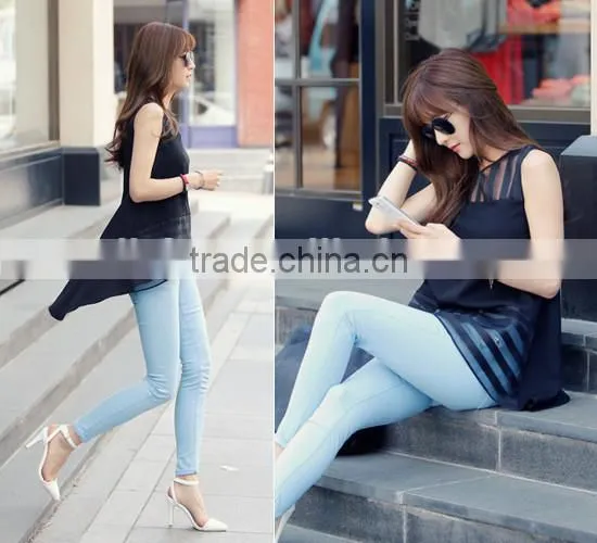Blusas Femininas 2015 Summer Black Tulle blusa Women Blouses Ladies clothing organza sleeveless striped chiffon Blouse