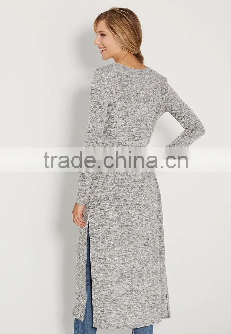 ladies fashion soft high side slit enlongated cardigan sweater pockets