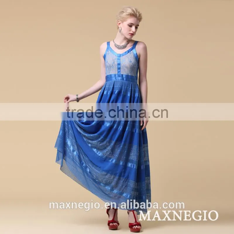 2015 maxnegio simple blue long maxi evening dress