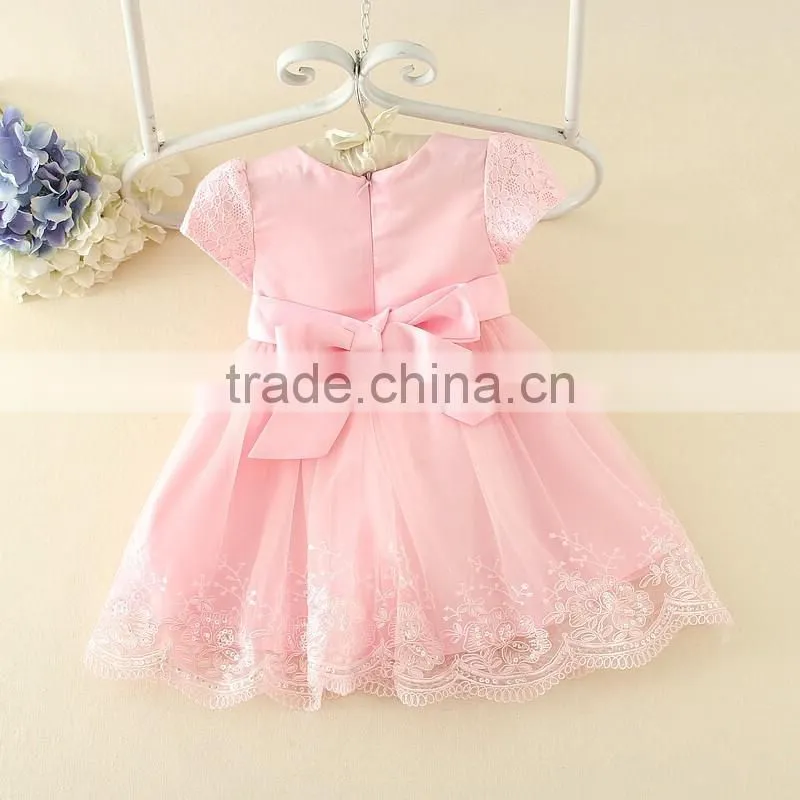 2017 Vietnam Summer simple baby frock design Pink short sleeves Bow-knot Sweet birthday party dresses Turkish clothes