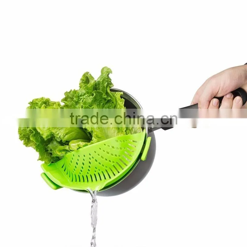Clip-on Silicone Strainer for Draining Food while Cooking Snap Pan Strainer