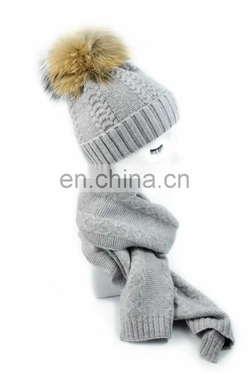 Factory Direct Wool Knitted Scarf Women Fur Pompom Winter Hat And Scarf Set
