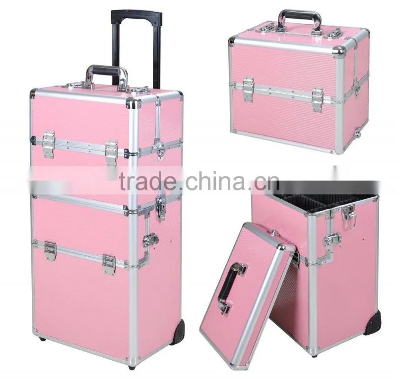 38" Pink 2 in1 Aluminum Rolling Makeup Train Case Lockable Wheeled Cosmetic Box