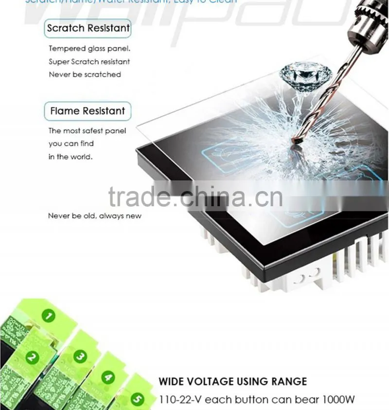 BS CE Approved Wallpad Gold Temepred Glass Switch Remote 1 Gang Wireless Electric Touch Screen Sensor Smart Home Switch Panel