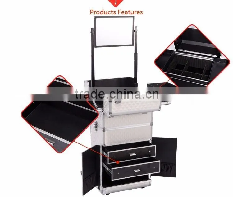 Salon Beauty Artist Professional Aluminum Rolling Trolley Makeup Case With Drawers