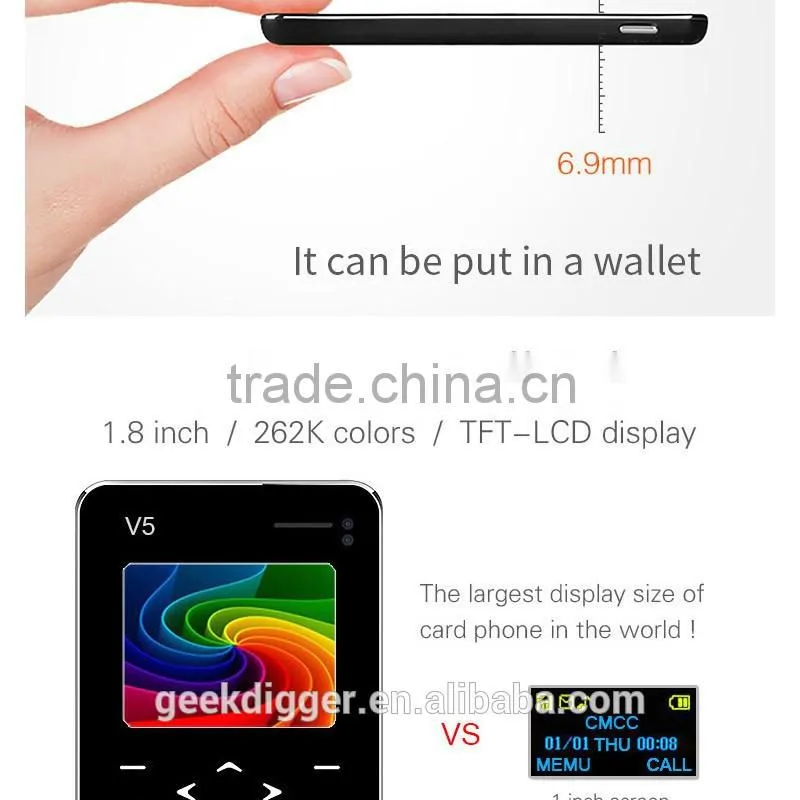 Ultra Thin AIEK V5 Black Card Mobile Phone Pocket Mini Phone Touch Keyboard Quad-Band Multi-languages